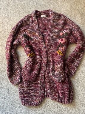 Faith Embroidered Marled Pink Open-Front Cardigan soft - y2k floral